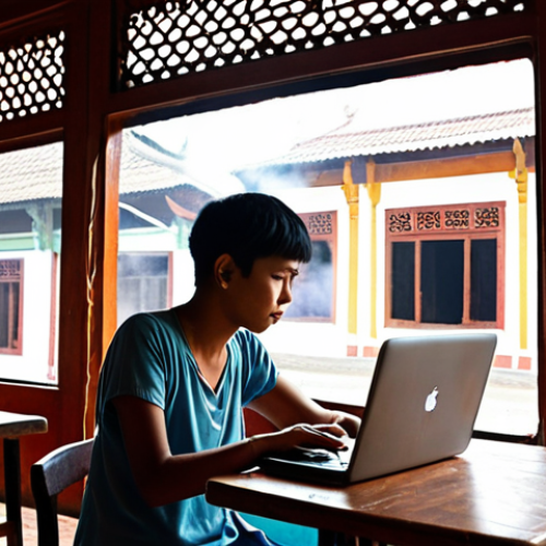 Home 11 **A traveler using a laptop in a cozy cafe in Yangon, with a Wi-Fi symbol visible in the window. The scene should depict a blend of traditional Burmese architecture and modern technology.**