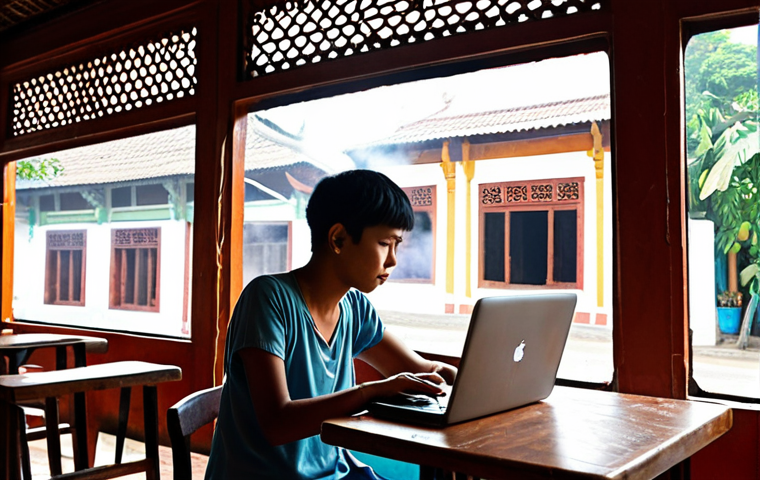 **A traveler using a laptop in a cozy cafe in Yangon, with a Wi-Fi symbol visible in the window. The scene should depict a blend of traditional Burmese architecture and modern technology.**