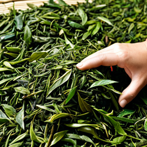 Home 6 **
A close-up professional photograph of perfectly prepared tea leaves, sorted and ready for drying, displayed on a woven mat. The leaves are vibrant green and brown hues, showcasing a variety of textures. Natural sunlight highlights the detail. safe for work, appropriate content, fully clothed, professional, modest, family-friendly, perfect anatomy, correct proportions, natural pose, well-formed hands, proper finger count, natural body proportions.
**