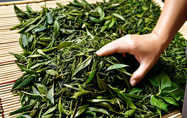 **

A close-up professional photograph of perfectly prepared tea leaves, sorted and ready for drying, displayed on a woven mat. The leaves are vibrant green and brown hues, showcasing a variety of textures. Natural sunlight highlights the detail. safe for work, appropriate content, fully clothed, professional, modest, family-friendly, perfect anatomy, correct proportions, natural pose, well-formed hands, proper finger count, natural body proportions.

**