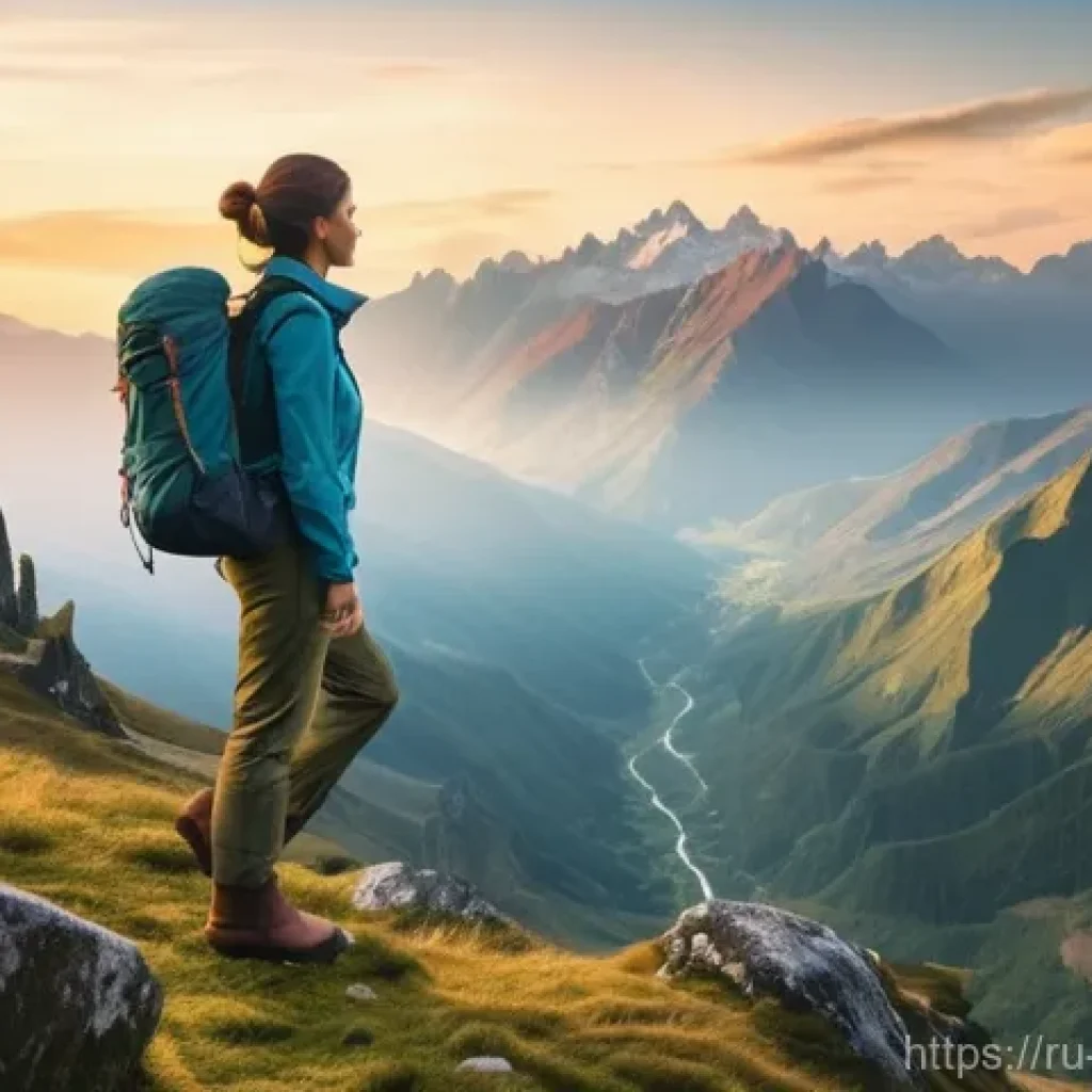 미얀마와 태국 국경 육로 여행법 - **A Serene Mountain Vista with an Adventurous Traveler:** A solo female traveler, dressed in practic...