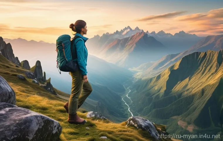 미얀마와 태국 국경 육로 여행법 - **A Serene Mountain Vista with an Adventurous Traveler:** A solo female traveler, dressed in practic...