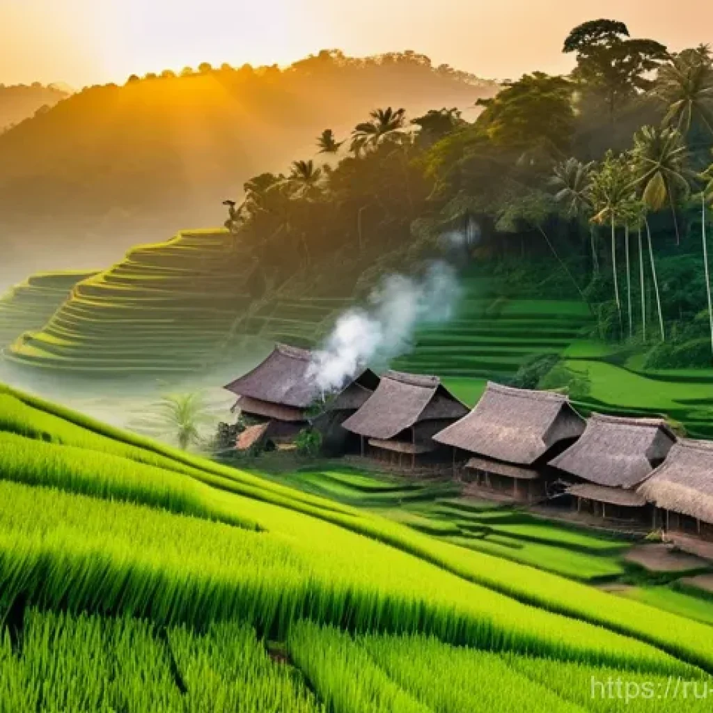 미얀마 시골 농촌 생활 다큐멘터리 - **Morning Serenity in a Burmese Village at Dawn:**
A picturesque aerial view of a traditional Bu...