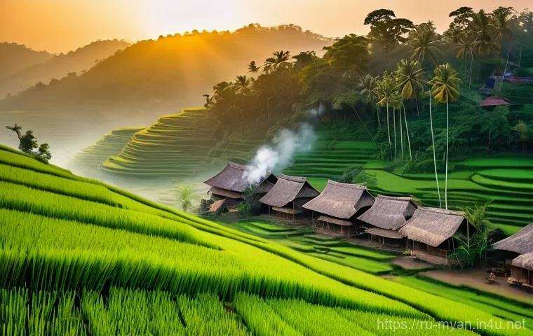 미얀마 시골 농촌 생활 다큐멘터리 - **Morning Serenity in a Burmese Village at Dawn:**
A picturesque aerial view of a traditional Bu...