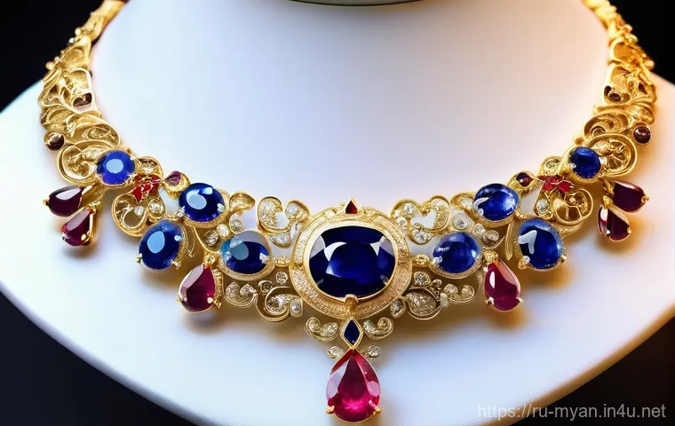 미얀마 전통 보석 가공 공정 - **Prompt 1: Exquisite Burmese Gemstones in Elegant Jewelry**
"A close-up, highly detailed image ...