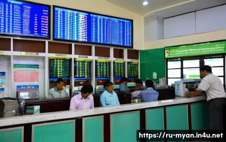 미얀마 현지 통화 짯 환전 요령 - A busy official currency exchange bank in Yangon, Myanmar, showing a clean, well-organized interior ...