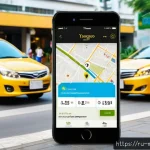 Home 16 미얀마에서 카카오택시 앱 활용법 - A friendly, modern smartphone screen displaying the KakaoTaxi app interface in Russian language, sho...