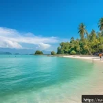 Home 21 미얀마 리조트 여행 패키지 추천 - A serene beach scene at Ngapali, Myanmar, showcasing soft white sand and crystal-clear turquoise wat...