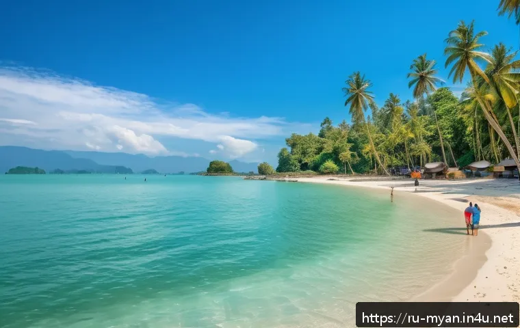 미얀마 리조트 여행 패키지 추천 - A serene beach scene at Ngapali, Myanmar, showcasing soft white sand and crystal-clear turquoise wat...