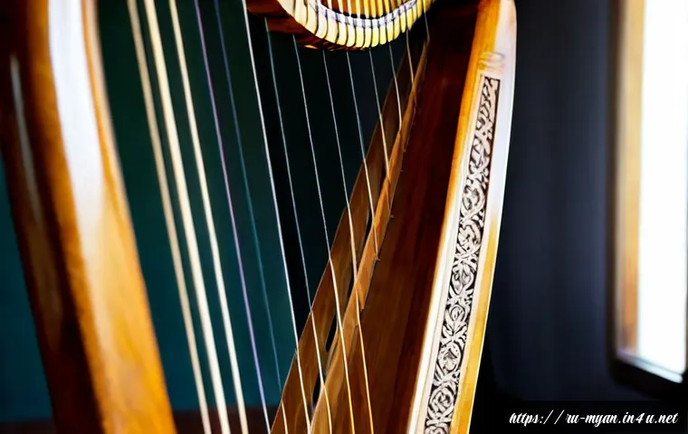 미얀마 전통 악기 사웅 가이드 - Photorealistic close-up of a traditional Burmese saung harp displayed in a quiet cultural museum, ri...