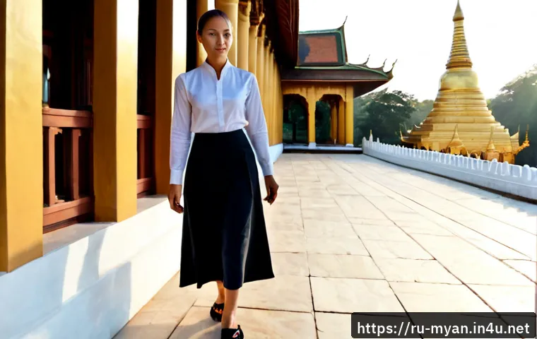 미얀마 불교 사찰 방문 예절 - Photorealistic travel etiquette scene at a Myanmar Buddhist temple entrance, a modestly dressed Russ...